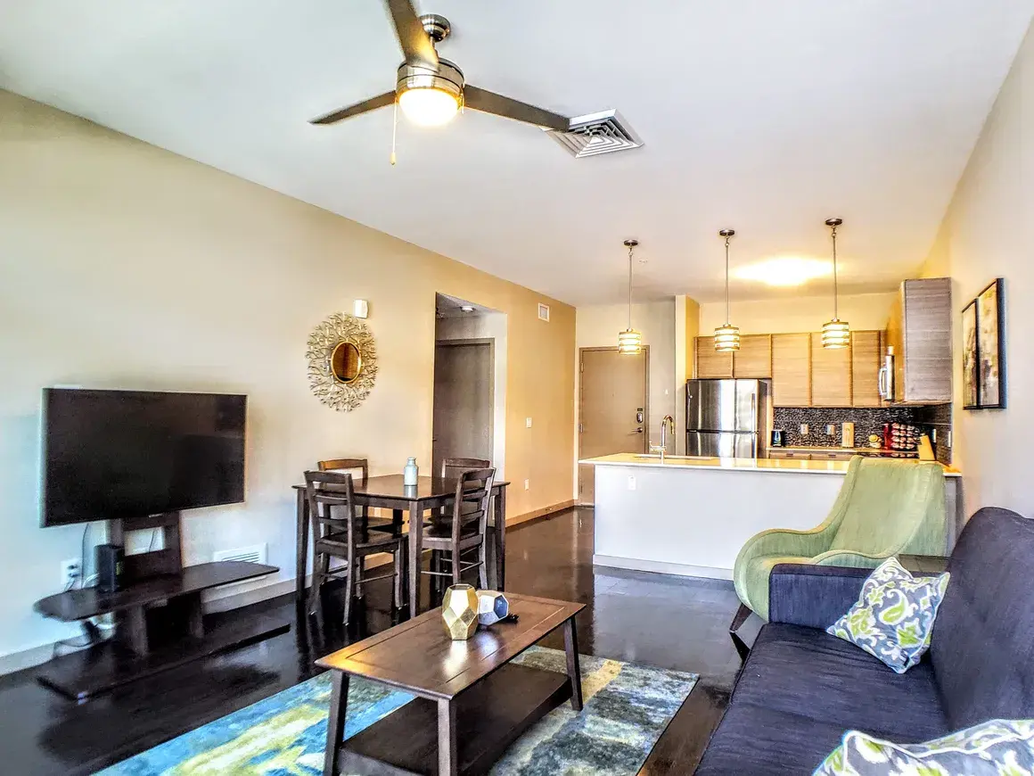 Kitchen with full-size refrigerator and microwave, ready on day one