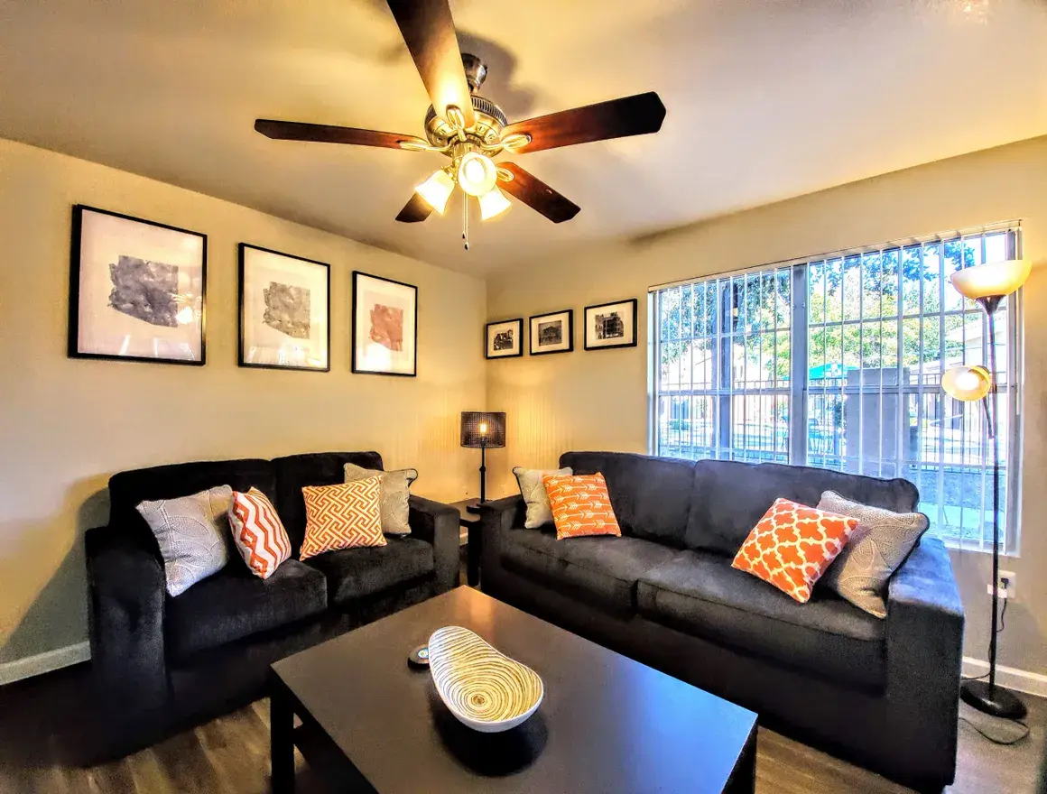 Compact furnished unit — everything a single traveling employee needs